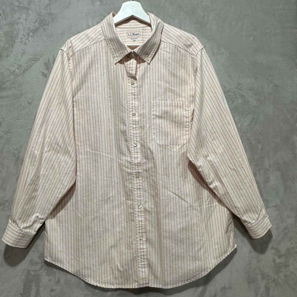 LL Bean Womens 2X Button Down Shirt Multicolor Striped Cotton Long Sleeve